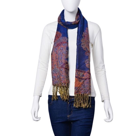 J Francis Accessories - Scarf with Fringe Cognac Paisley Print Navy Blue